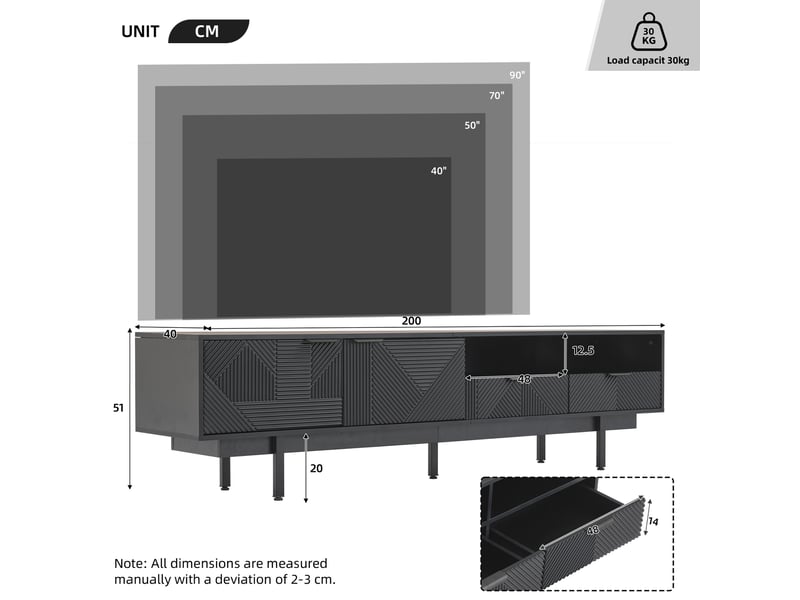 Meuble tv noir moderne - extra large - 200x40x51cm - lignes géométriques - tv jusqu'à 90 pouces - Conforama W