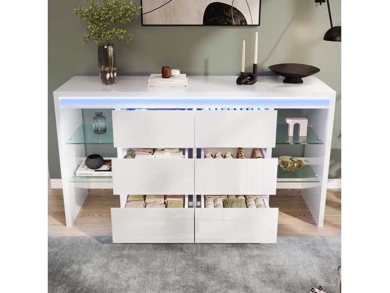  Buffet modenvie blanc brillant 155 x 40 x 80 cm avec 6 tiroirs, étagères en verre et éclairage led multicolore  - Conforama D