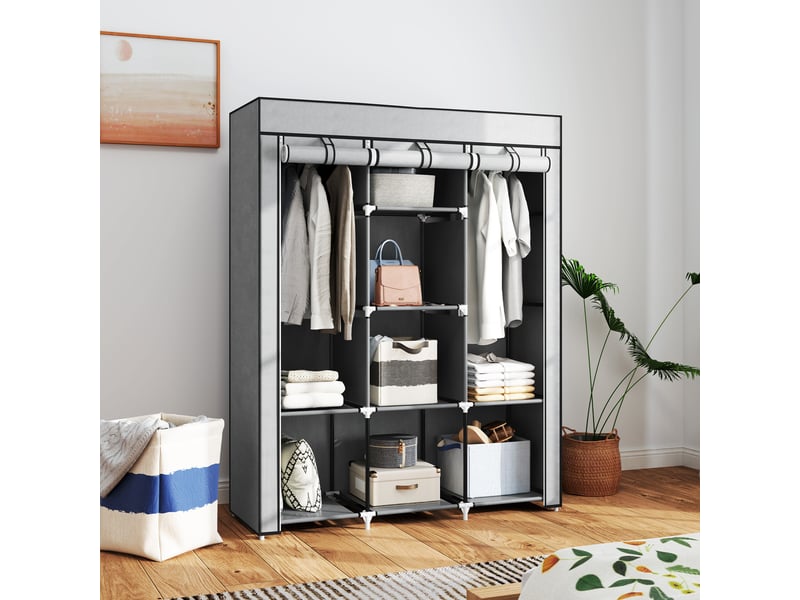 Armoire penderie multi-rangement - 8 étagères, 2 barres - non tissé gris clair  - Conforama D