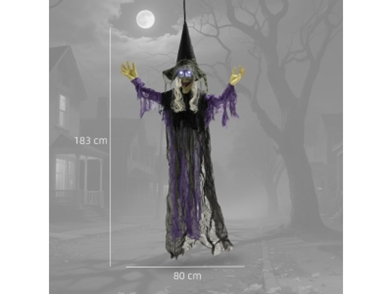 Décoration halloween sorcière animée avec yeux led, sons et bras articulés en acier et polyester violet 80 × 15 × 183 cm - Conforama D