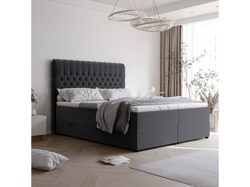  Lit adulte alba - 160x200 cm - matelas ressorts + surmatelas - coffre de rangement - velours doux hydrofuge gris foncé ALBA - Conforama B