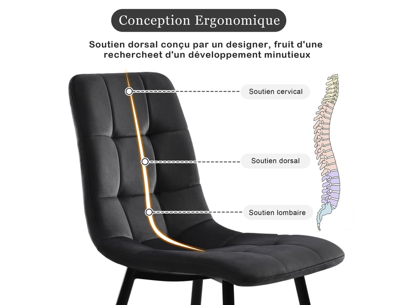  Lot de 4 chaise de salle à manger , chaise scandinave avec assise et dossier rembourrés en velours ,pieds en métal ,noir  - Conforama E