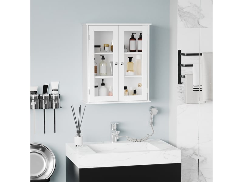  Armoire murale blanche pour salle de bain, 2 portes vitrées, 3 étagères réglables, 55 x 20 x 65 cm  - Conforama C