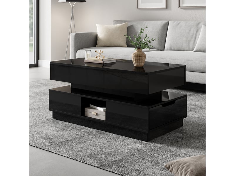  Table basse relevable noire brillante 90 x 48 cm avec rangement, led et prise intégrée  - Conforama E
