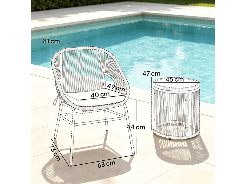  Salon de jardin avec 2 fauteuils, 1 table ronde et 2 coussins, acier, rotin synthétique et verre trempé, beige  - Conforama D