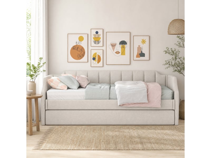  Lit banquette simple 90×200 cm avec lit gigogne 90×190 cm  - sans matelas, lin coton beige  - Conforama C