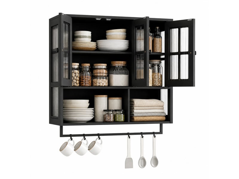  Armoire de salle de bain murale avec 3 portes, niche ouverte et porte-serviettes, en mdf et verre noir, 88 × 26 × 82,5 cm  - Conforama A