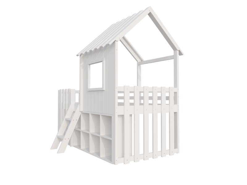  Lit enfant maison 90x200 blanc, bois massif, toit et fenêtre, rangement ouvert, échelle, sans matelas.  - Conforama A