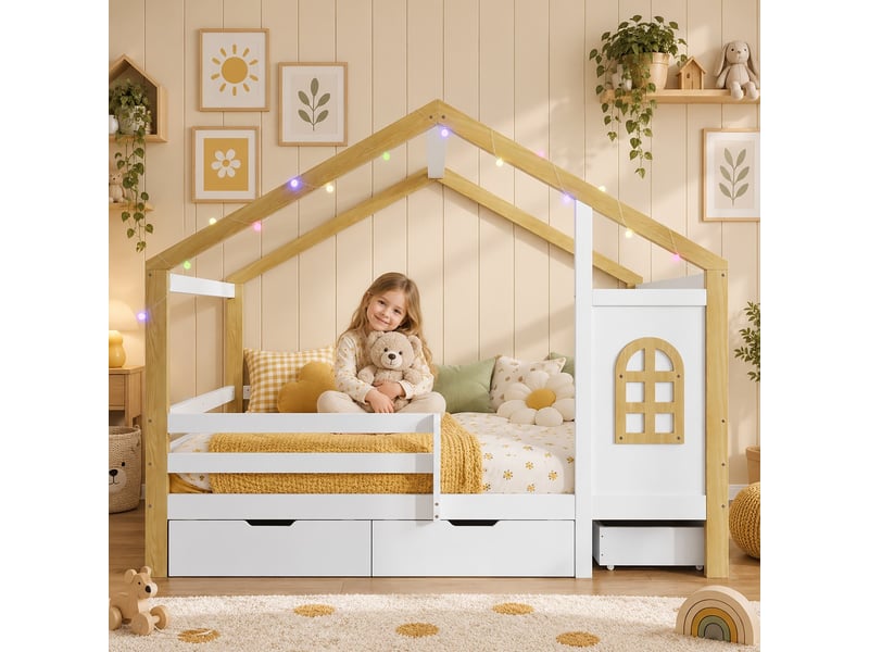  Lit cabane en bois, 120 x 200 cm, blanc et bois naturel, avec motif fenêtre, barrière de sécurité, 3 grands tiroirs et guirlande lumineuse  - Conforama D