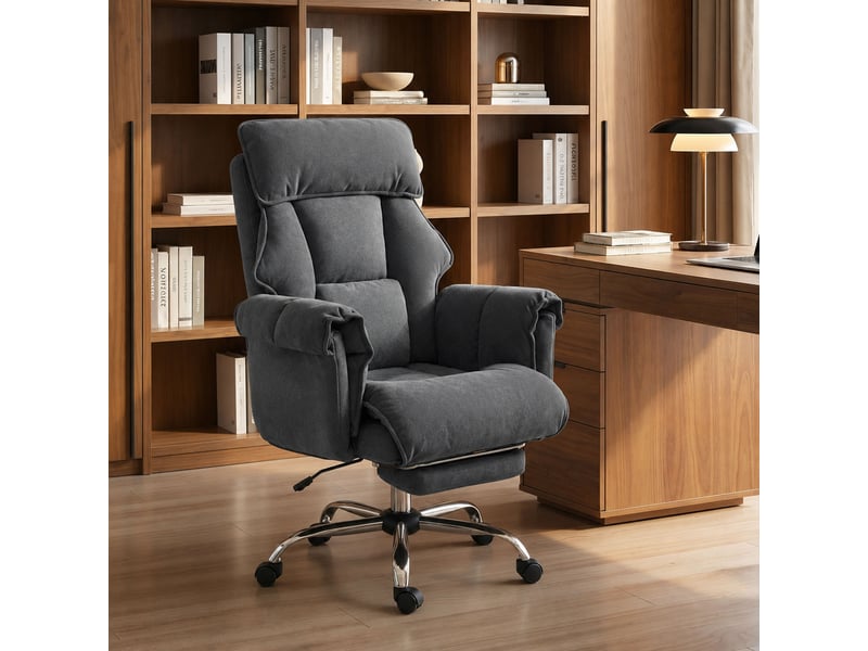  Fauteuil de bureau pivotant inclinable à 3 positions avec double coussin et repose-pieds, revêtement en flanelle, gris foncé  - Conforama D