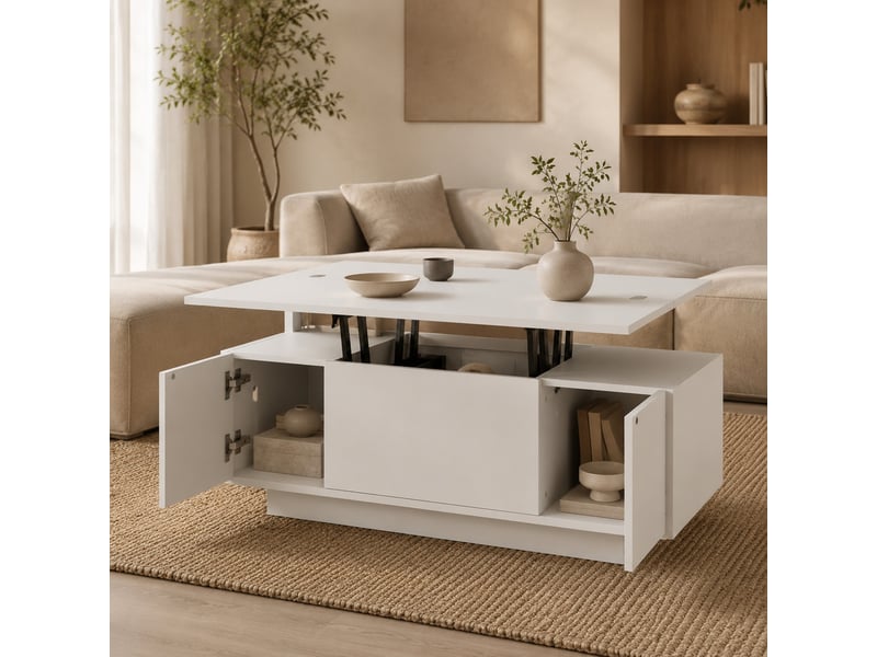  Table basse à double plateau relevable avec rangement, 100x50x43 cm, blanche  - Conforama C