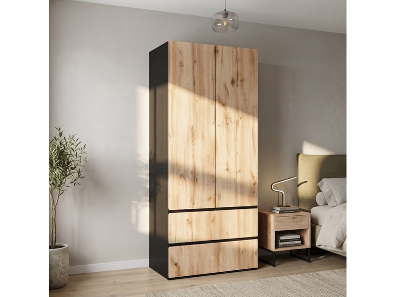  Armoire penderie 90 x 50 x 200 cm bicolore, mdf et panneaux de particules, 2 portes et 2 tiroirs  - Conforama B