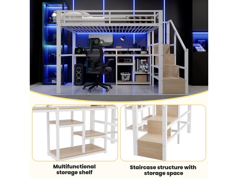  Lit mezzanine, 140 × 200 cm, blanc, métal, led, usb + type-c, armoire-échelle, étagères, sans matelas, led pilotable par appli  - Conforama D