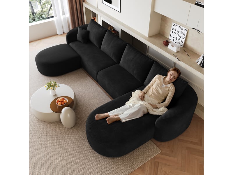 Canapé modulable panoramique en u, revêtement tissu noir, structure sans cadre bois, installation rapide pour salon moderne  - Conforama R