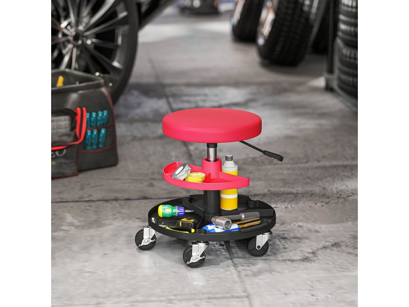 Tabouret d'atelier rouge avec roulettes et plateaux réglables en hauteur de 40 à 51 cm supportant jusqu'à 135 kg - Conforama B
