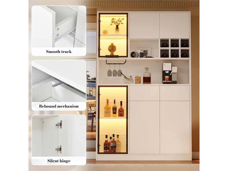  Vitrine haute 120x33x200 cm - 6 portes et 2 tiroirs - led usb - niche ouverte - verre trempé blanc  - Conforama E
