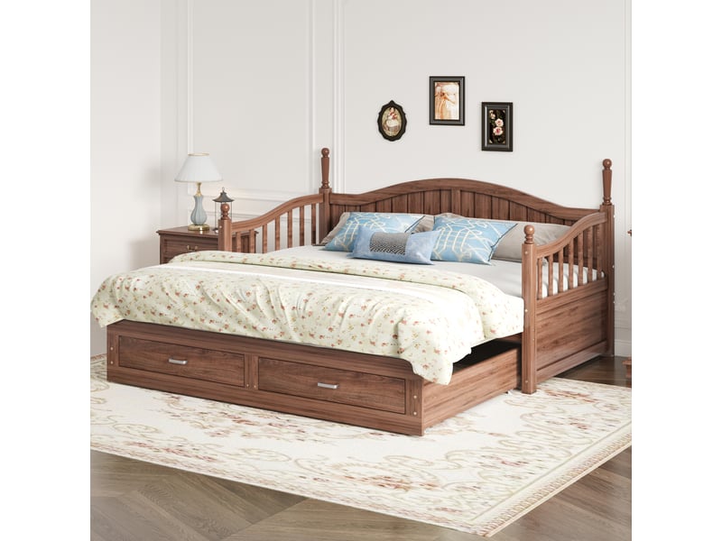  Canapé-lit gigogne extensible 90x190 cm en bois, dossier galbé, accoudoirs colonnes et tiroirs, finition noyer, sans matelas  - Conforama W