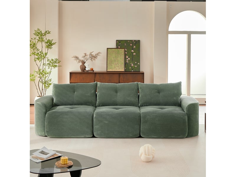  Canapé modulable 3 places couleur vert sauge, configuration 2+1, design arrondi, mousse, revêtement côtelé  - Conforama B