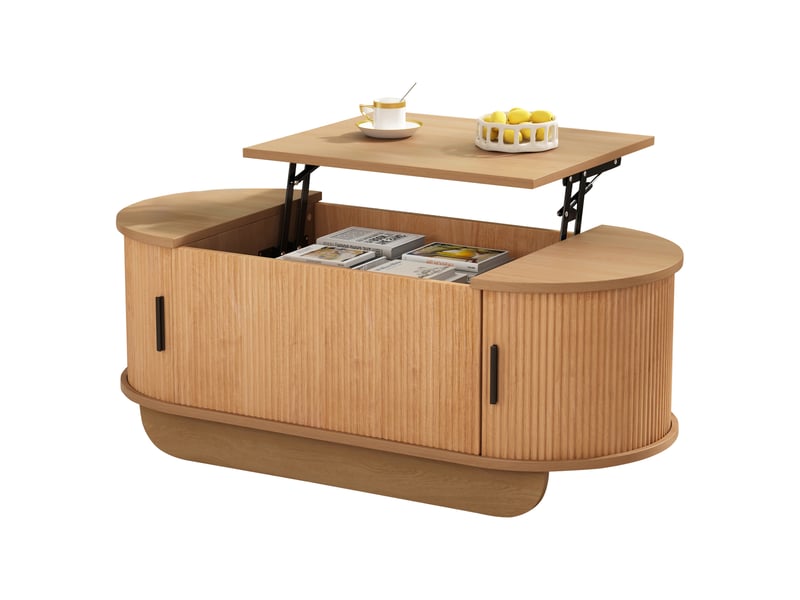  Table basse relevable ovale 100x50x42 cm - plateau hydraulique jusqu’à 55,5 cm, coffre et portes coulissantes - mdf - bois naturel CozyNest - Conforama A