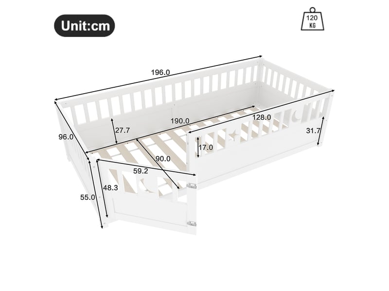  Lit enfant à barrières 90x190 cm en pin blanc avec étoiles et lune  - Conforama C