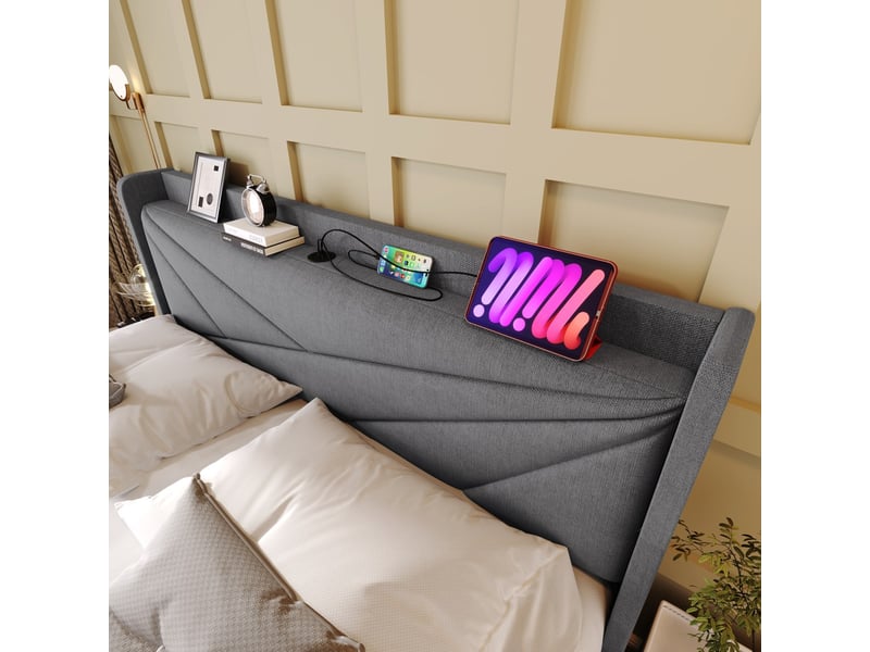  Lit coffre 160x200 avec matelas tiroir usb c chargeur tête de lit lin  - Conforama D