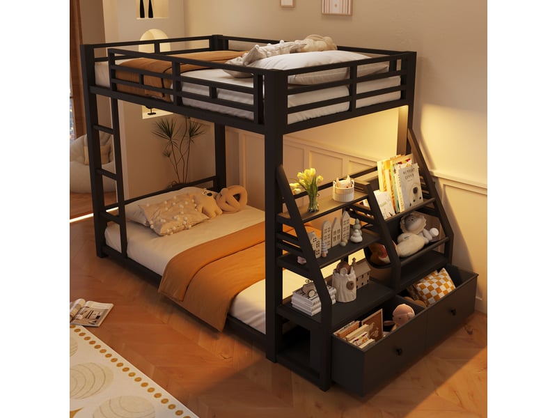 Lit superposé 90x200 cm – lit enfant métal avec led 2 tiroirs tissu et 2 étagères – métal – noir CozyNest - Conforama E