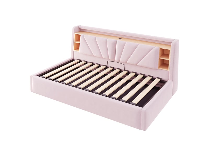  Lit coffre, 90 x 200 cm, dossier avec étagère et compartiment de rangement, éclairage led et port de charge, velours, rose  - Conforama E