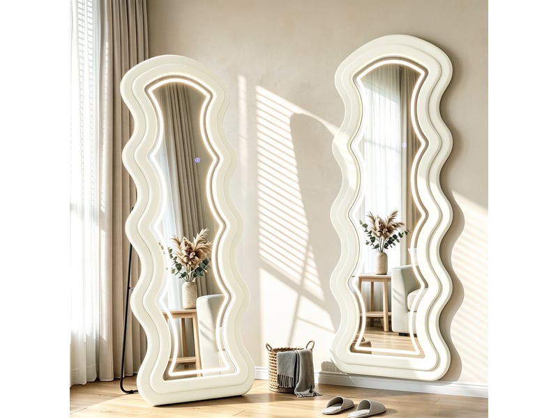  Miroir led ondulé pleine longueur 160x60cm 3 couleurs cadre effet velours crème  - Conforama D