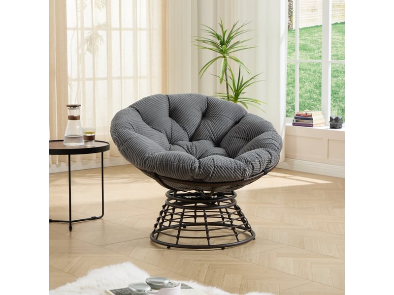  Fauteuil papasan pivotant 360° en résine tressée - dia. 92cm - coussin épais velours côtelé confortable - marron et gris  - Conforama C