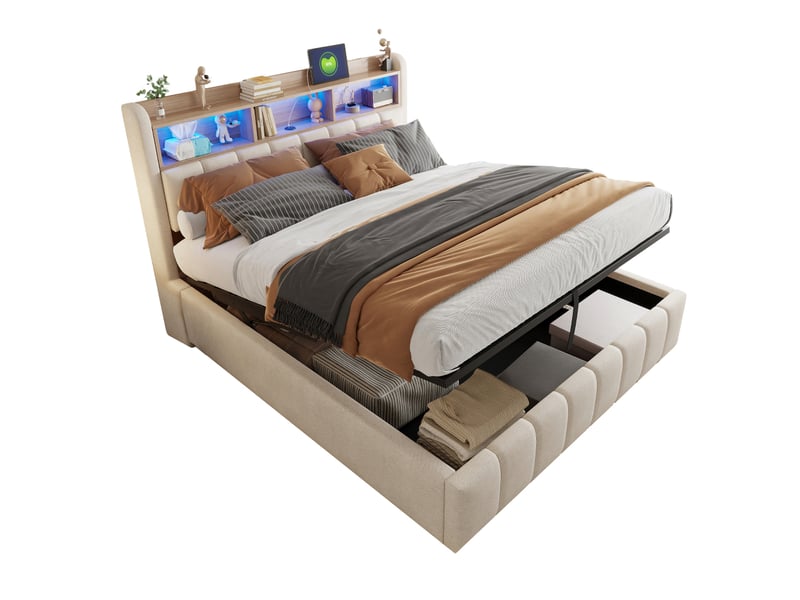  Lit rembourré 180 x 200 cm avec éclairage led et prise usb, tête de lit avec étagères et espace de rangement, mécanisme de levage hydraulique, lit double pour adultes, tissu lin beige  - Conforama A