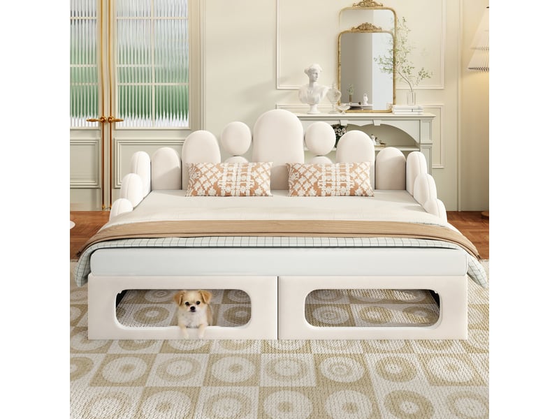  Lit canapé 2-en-1 velours beige 180x200 cm avec couchage intégré pour animal ﻿  - Conforama B