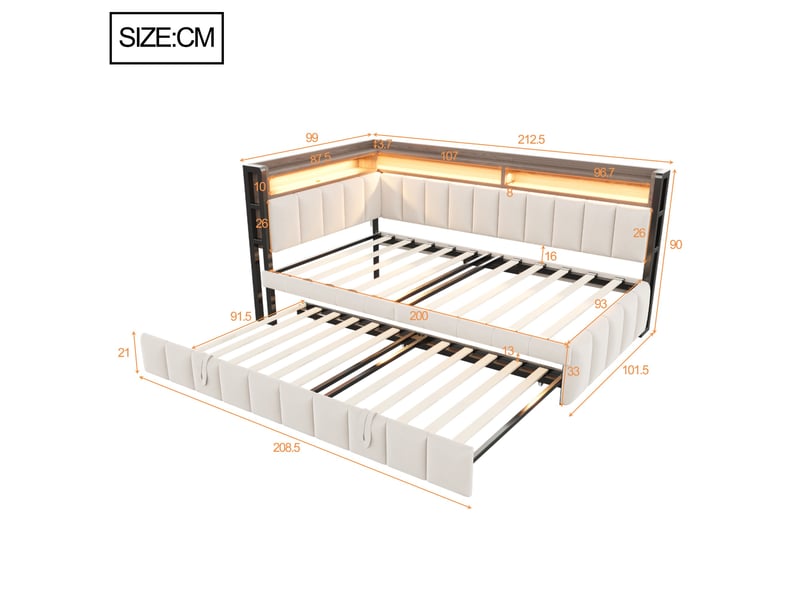  Lit banquette enfant 90 x 200 cm avec lit gigogne, led, usb-c et rangements, velours, beige Fay Lum - Conforama C