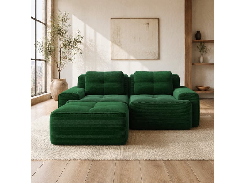 Canapé d'angle modulable ulevr 2 places avec ottomane, assise profonde 74 cm, velours côtelé vert, 204 x 177 x 69 cm - Conforama B
