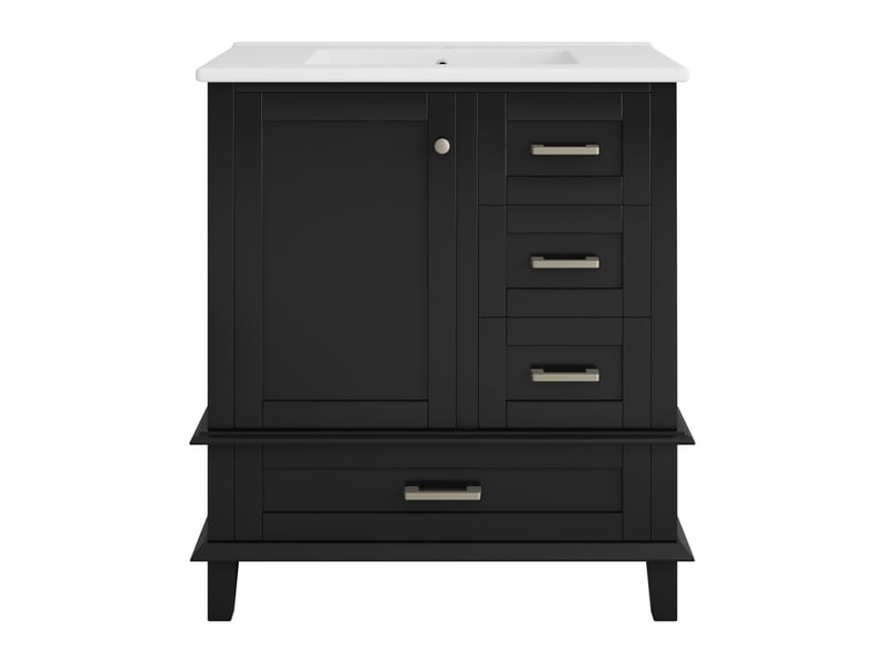  Meuble sous vasque avec 1 porte, 3 tiroirs et étagère réglable, vasque en céramique, salle de bain, 76×45,5×83,5 cm  - Conforama A