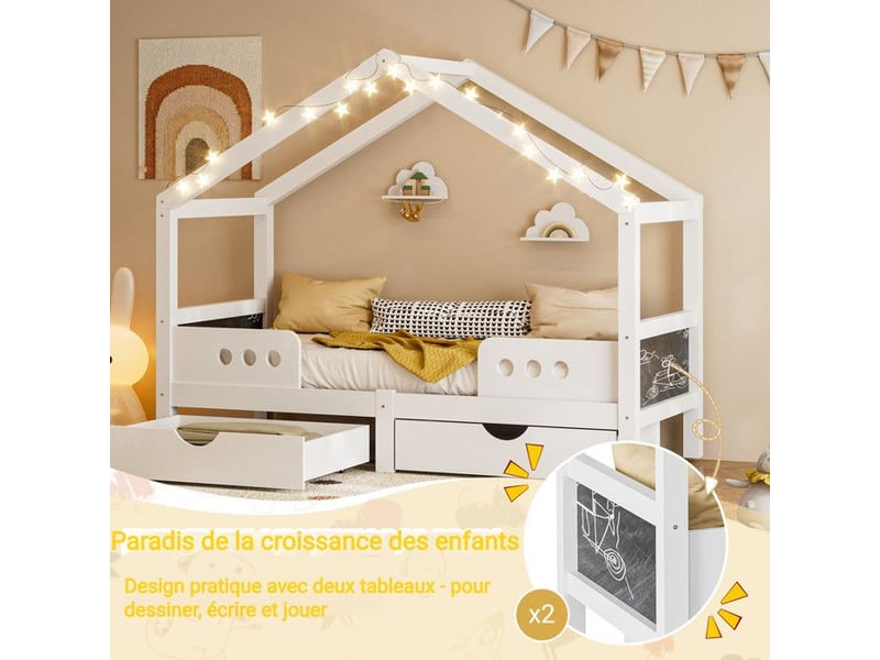  Lit enfant cabane - certification en747 - design toit - 2 tiroirs - bois+mdf - revêtement uv - capacité 120 kg 207x95x151cm - Conforama E