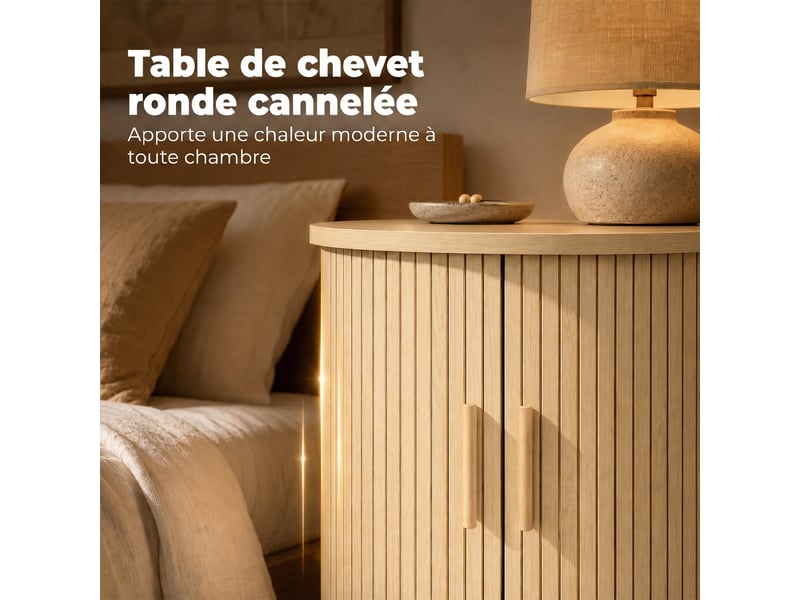  Table de chevet, table de nuit ronde cannelée avec porte coulissante, pour chambre à coucher, 40x40x50cm, salon, chêne  - Conforama A