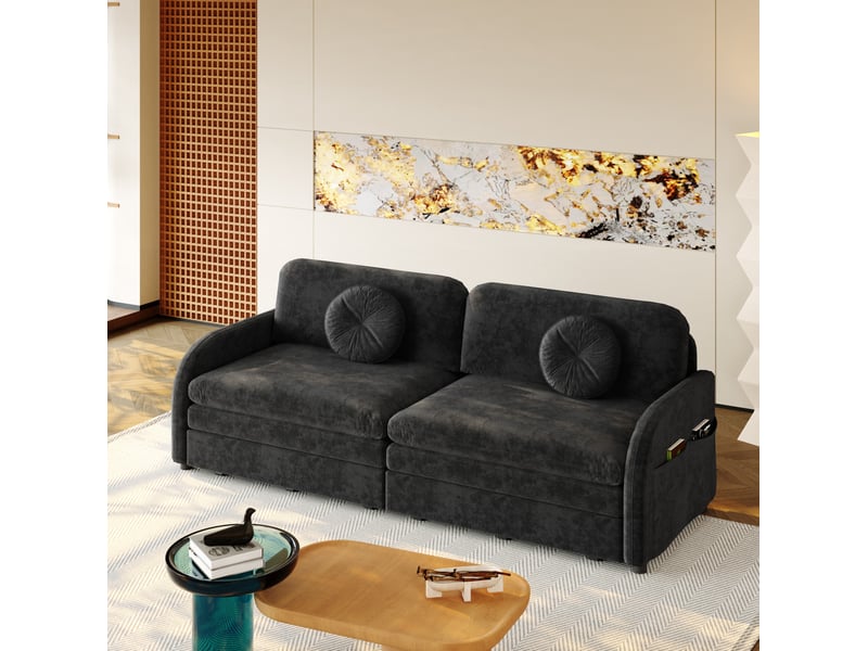  Canapé convertible 3 places 206 x 84 x 90 cm en chenille avec poches latérales noir chicfurn  - Conforama B