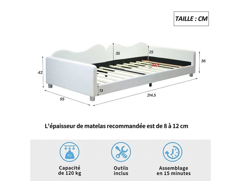 Lit enfant 90x200 capitonné blanc - canapé lit multifonctionnel en tissu bouclette doux - Conforama C