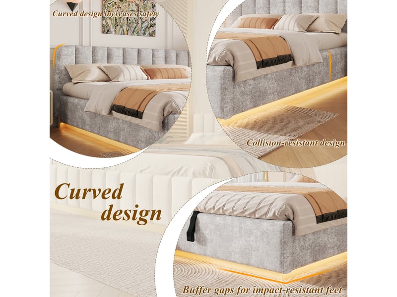  Lit coffre 180x200 cm gris clair, tissu chenille, sommier relevable hydraulique, led contrôlée par appli, sommier à lattes inclus  - Conforama E