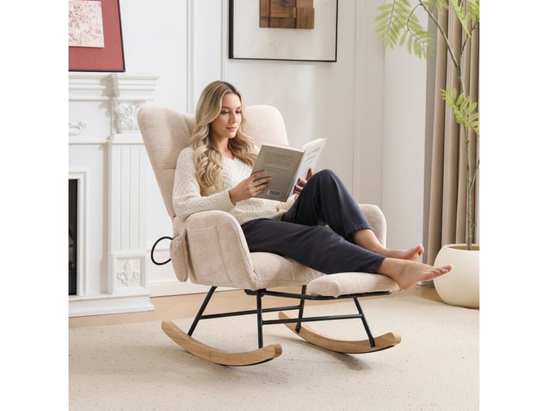  Fauteuil à bascule d'allaitement en chenille beige avec dossier haut et coussin d'air réglable  - Conforama B