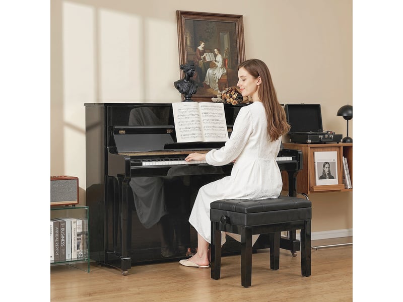 Tabouret de piano avec hauteur réglable et coffre intégré en bois et similicuir aux dimensions 63x35x46-56cm en noir  - Conforama D