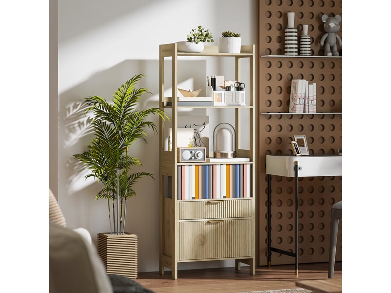 Bibliothèque haute, meuble de rangement avec 4 étagères ouvertes et 2 tiroirs cannelés, 60 x 30 x 160 cm, bois naturel - Conforama D
