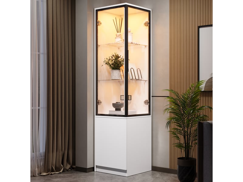  Vitrine d'angle 40 x 40 x 160 cm, armoire vitrée avec led pilotée par appli, portes en verre trempé , panneaux de particules, blanc ABC - Conforama E