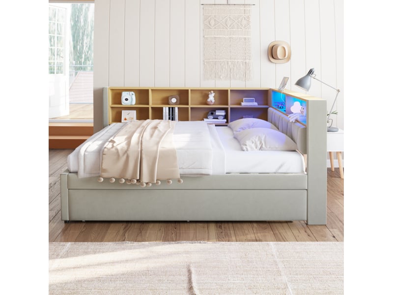  Lit gigogne 140x200 cm avec led et ports de charge en flanelle gris clair  - Conforama C