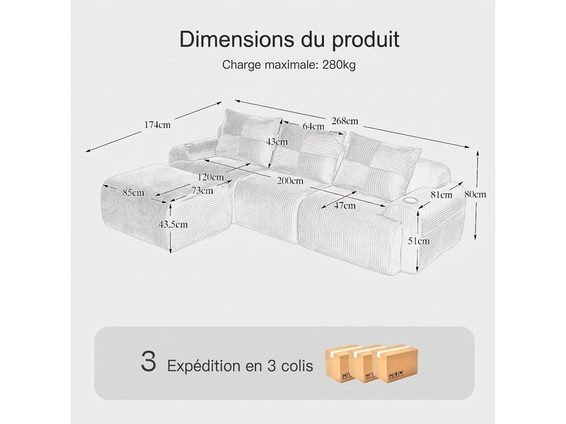 Canapé modulaire 3 places en velours côtelé avec repose-pieds 268 x 174 x 80 cm porte-gobelet - Conforama C
