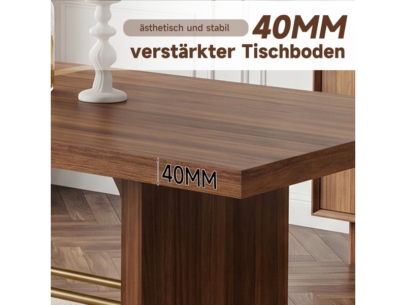 Table à manger 6 à 8 places plateau épais 4 cm - lpospi - traverse dorée, mdf effet noyer et or 180 × 75 cm - Conforama E