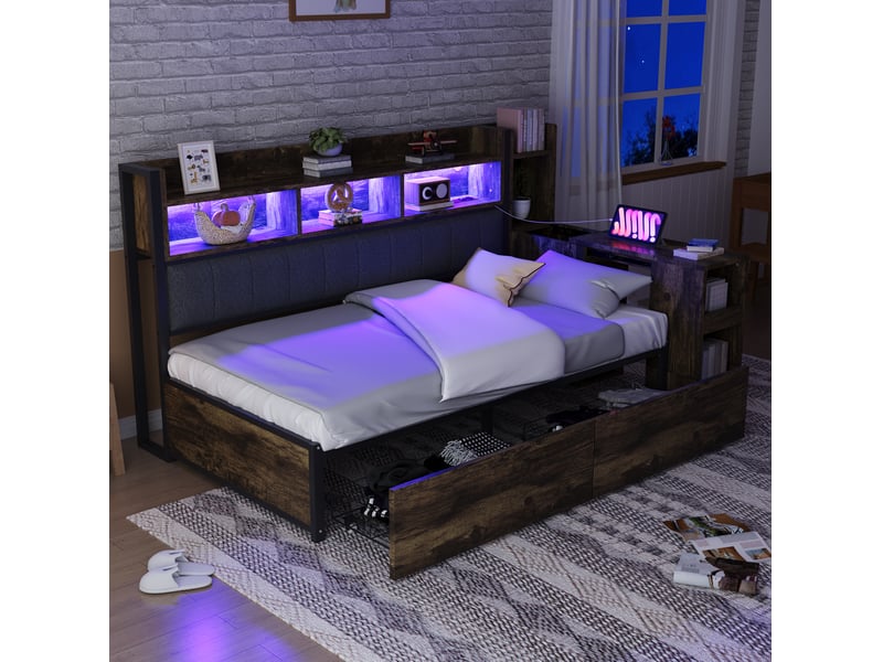 Lit multifonction 90 x 200 cm avec bureau coulissant, rangements, prises et led - Conforama D