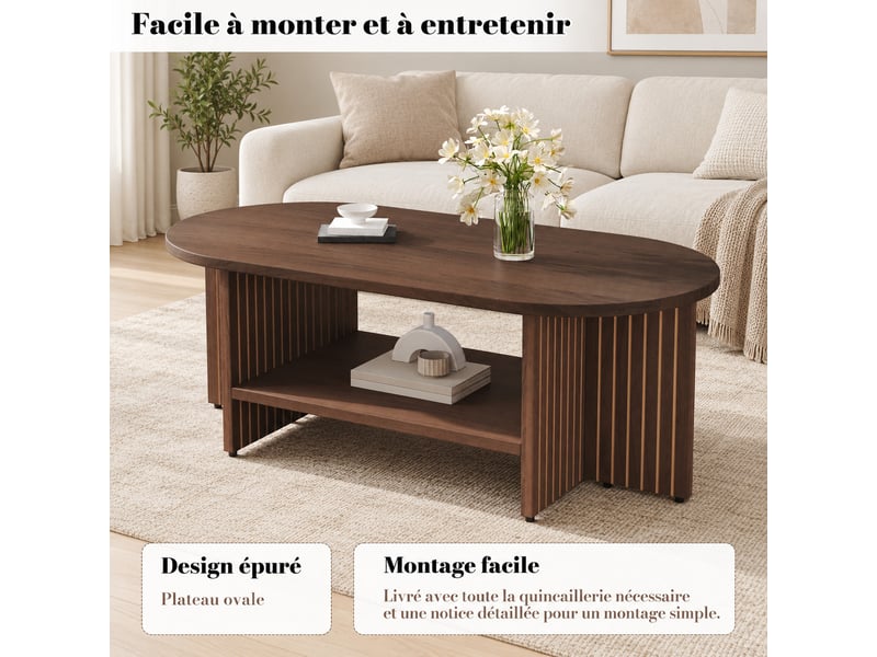  Table basse ovale 100 x 49 x 35 cm noyer en mdf, étagère basse, côtés rainurés, meuble de salon moderne  - Conforama B