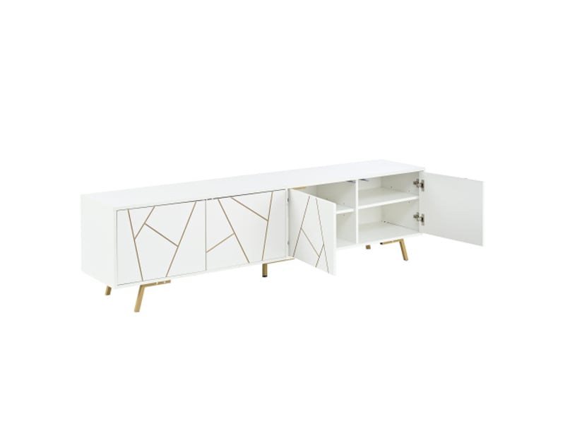 Meuble tv blanc et doré 190x40x51,5 cm avec 4 portes, 6 pieds métal et 8 compartiments  - Conforama A