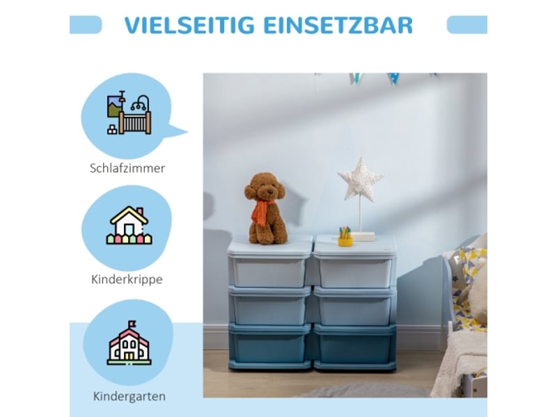 Organiseur jouets bleu, 6 tiroirs en plastique, meuble rangement pour chambre enfant - Conforama B